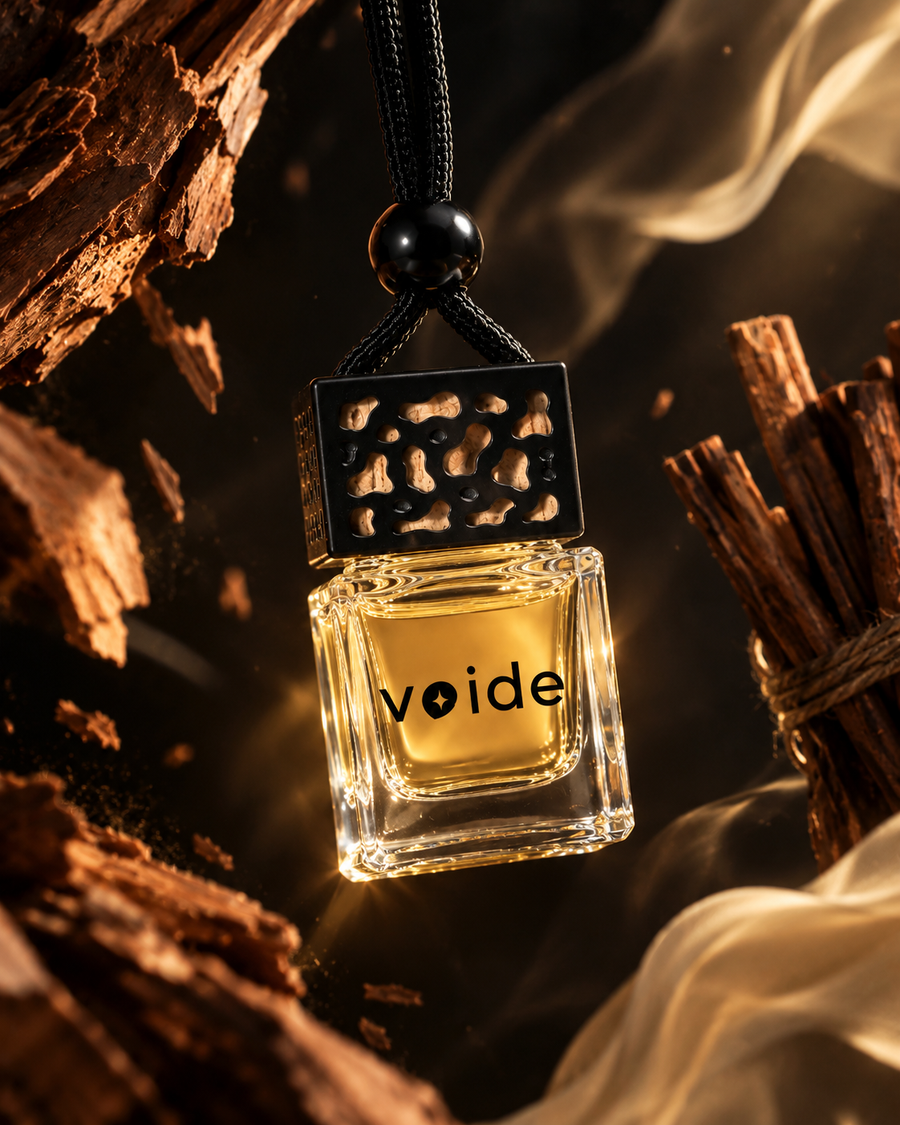 Heavens car fragrance bottle among sandalwood pieces and soft smoke
